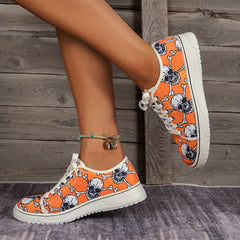 Women's Skull Print Sneakers Casual Lace Up Outdoor Shoes Lightweight Low Top