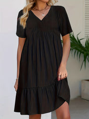  Solid Ribbed V Neck Smock Dress