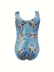 Girls Panda Graphic Gymnastics Suit, Sleeveless Training