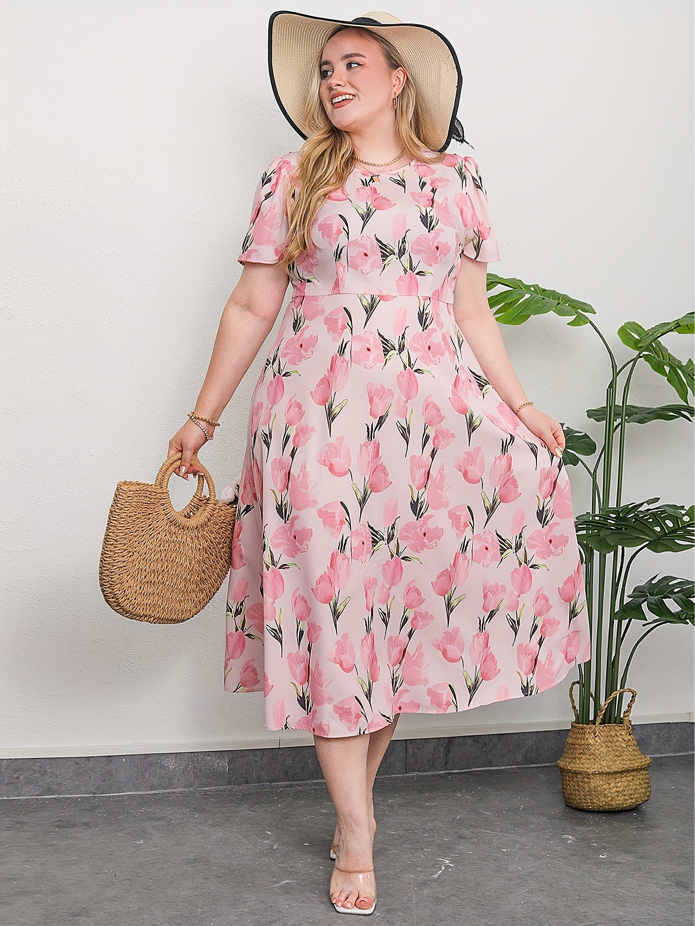 Women's Plus Floral Print Short Sleeve Midi Dress