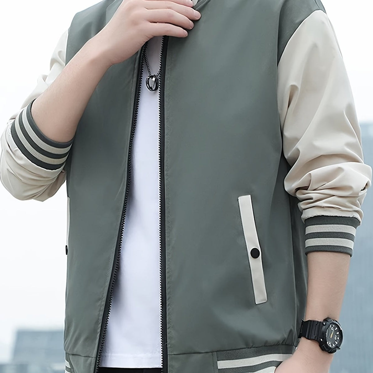 Men's Casual Block Baseball Jacket With Pocket