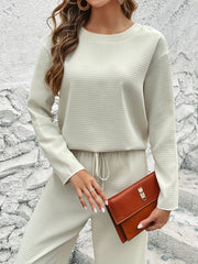 Solid Waffle Two-piece Set Crew Neck Long Sleeve Tops & Drawstring Wide Leg Pant