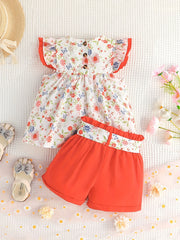 Girls Ruffled Sleeves Floral Blouse Top & Shorts Set