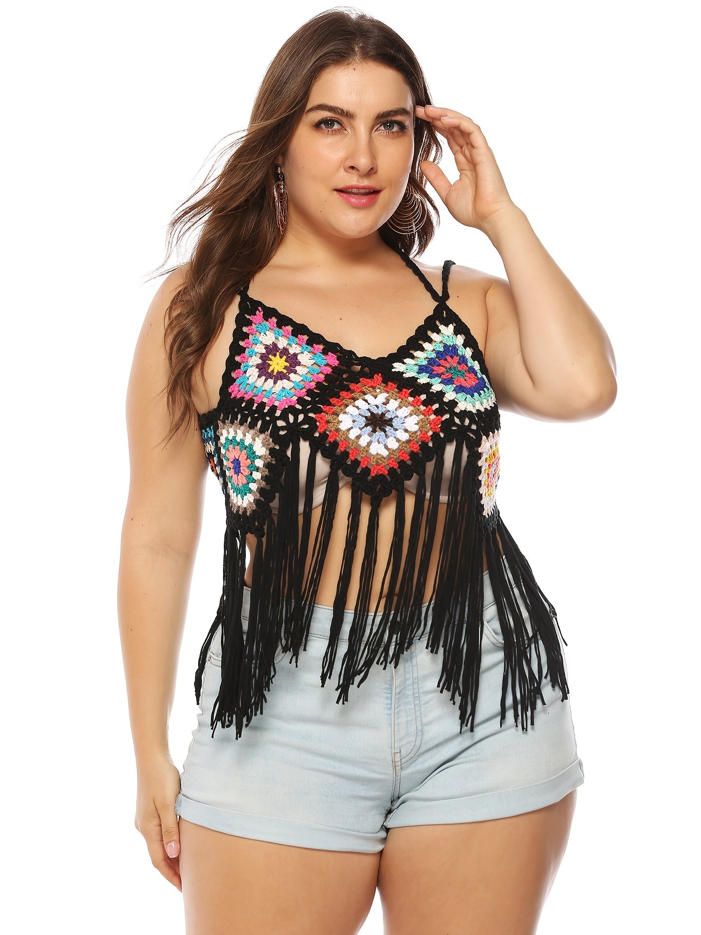  Crochet Bikini Top Fringe Trim Colorblock Swimsuit