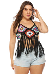  Crochet Bikini Top Fringe Trim Colorblock Swimsuit