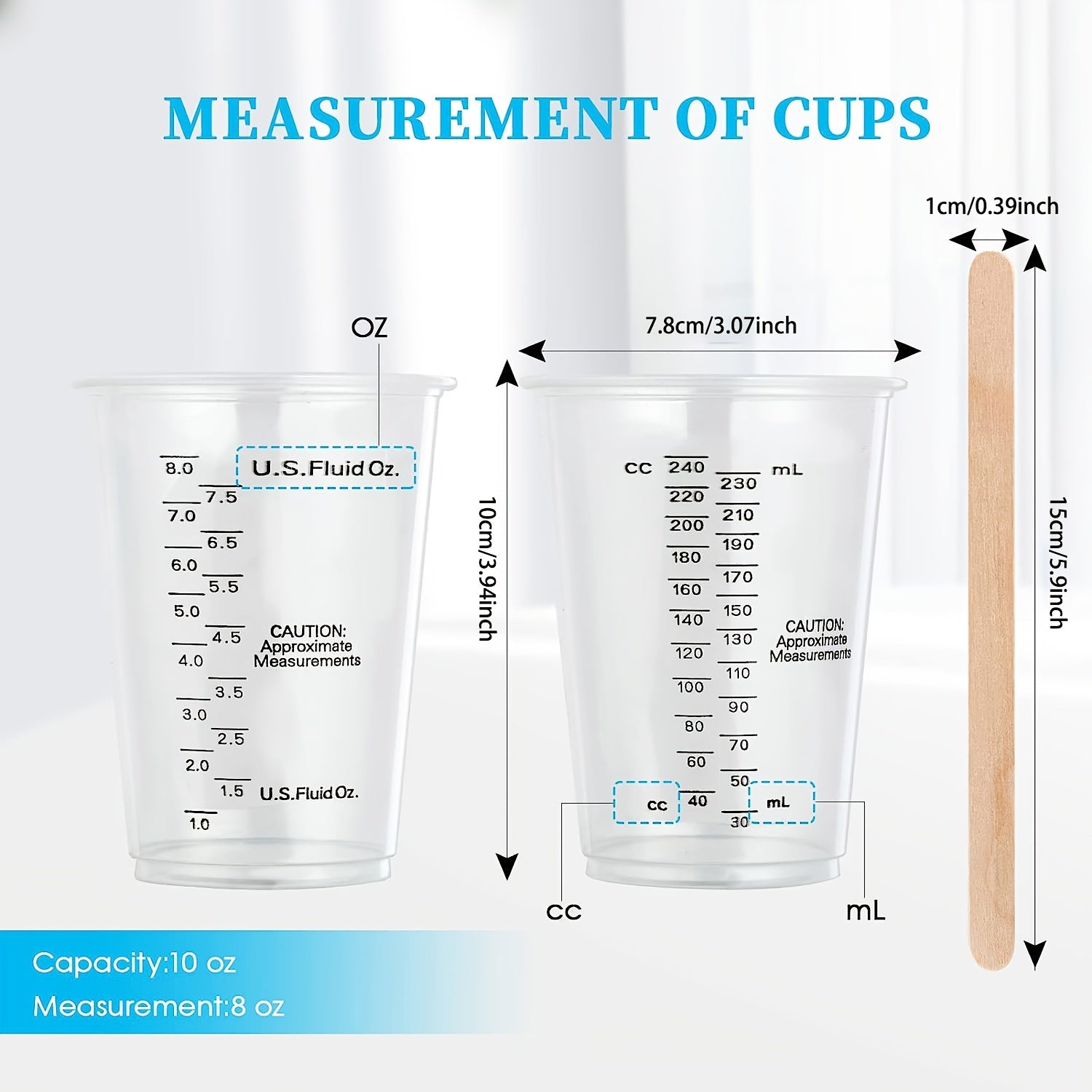 Plastic Measuring Cups 8 Oz Disposable Mixing Cups with Wooden Mixing Sticks