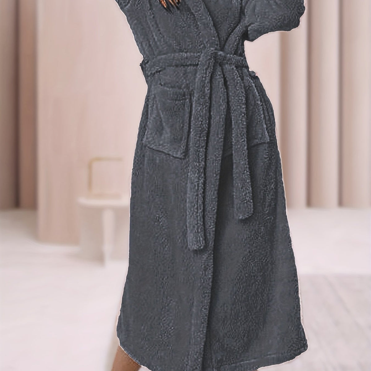  Solid Hooded Fuzzy Fleece Soft Bathrobe With Belt & Pockets