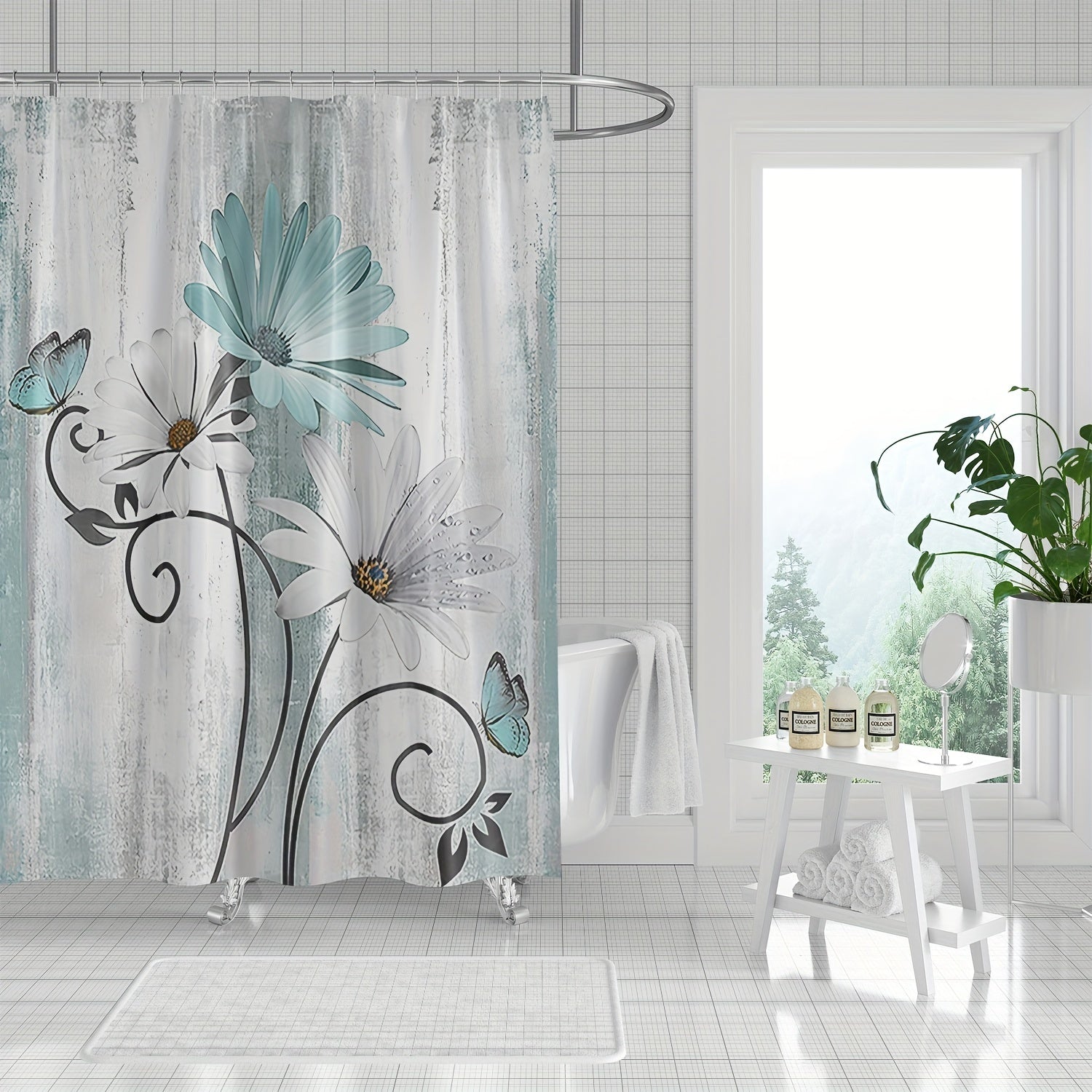 Floral Pattern Shower Curtain Waterproof Fabric Bathroom Decor