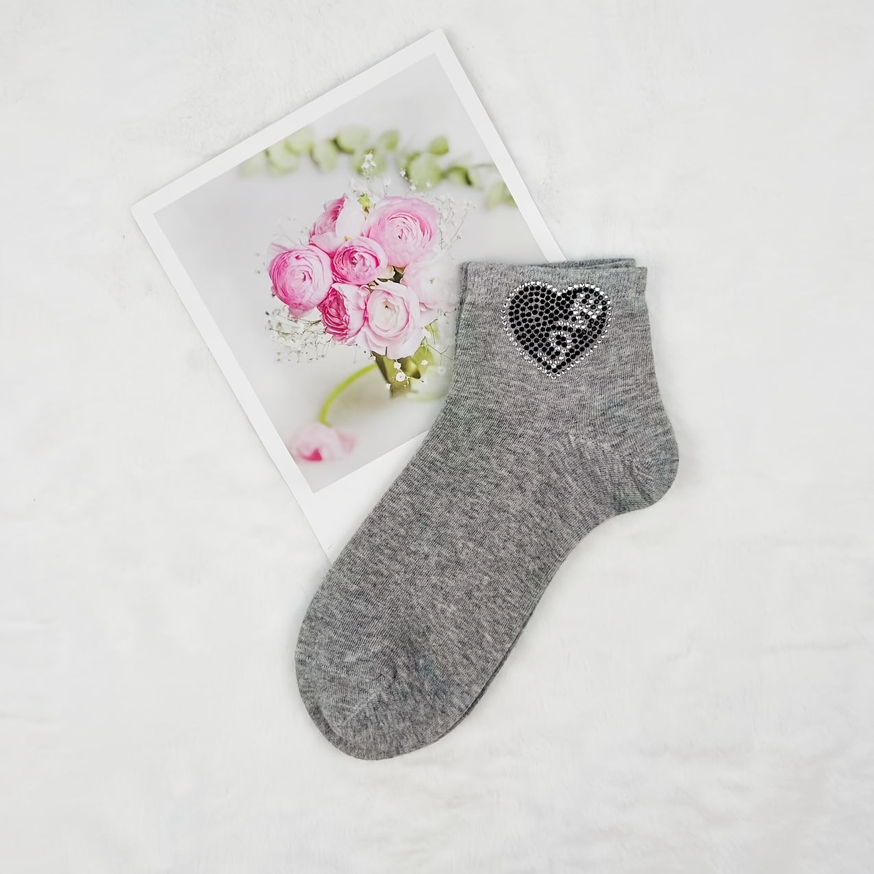 Heart Rhinestone Socks Women's Crew Short Stockings