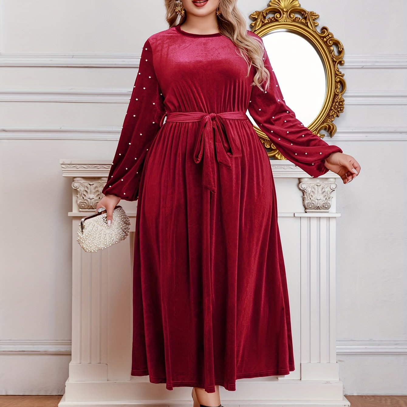  Velvet Maxi Dress with Lantern Sleeves and Belt