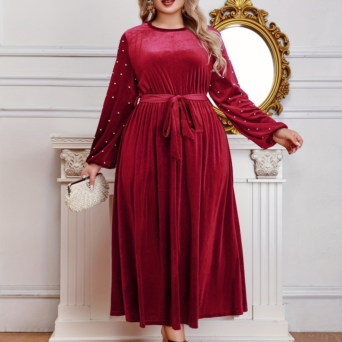  Velvet Maxi Dress with Lantern Sleeves and Belt