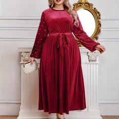  Velvet Maxi Dress with Lantern Sleeves and Belt