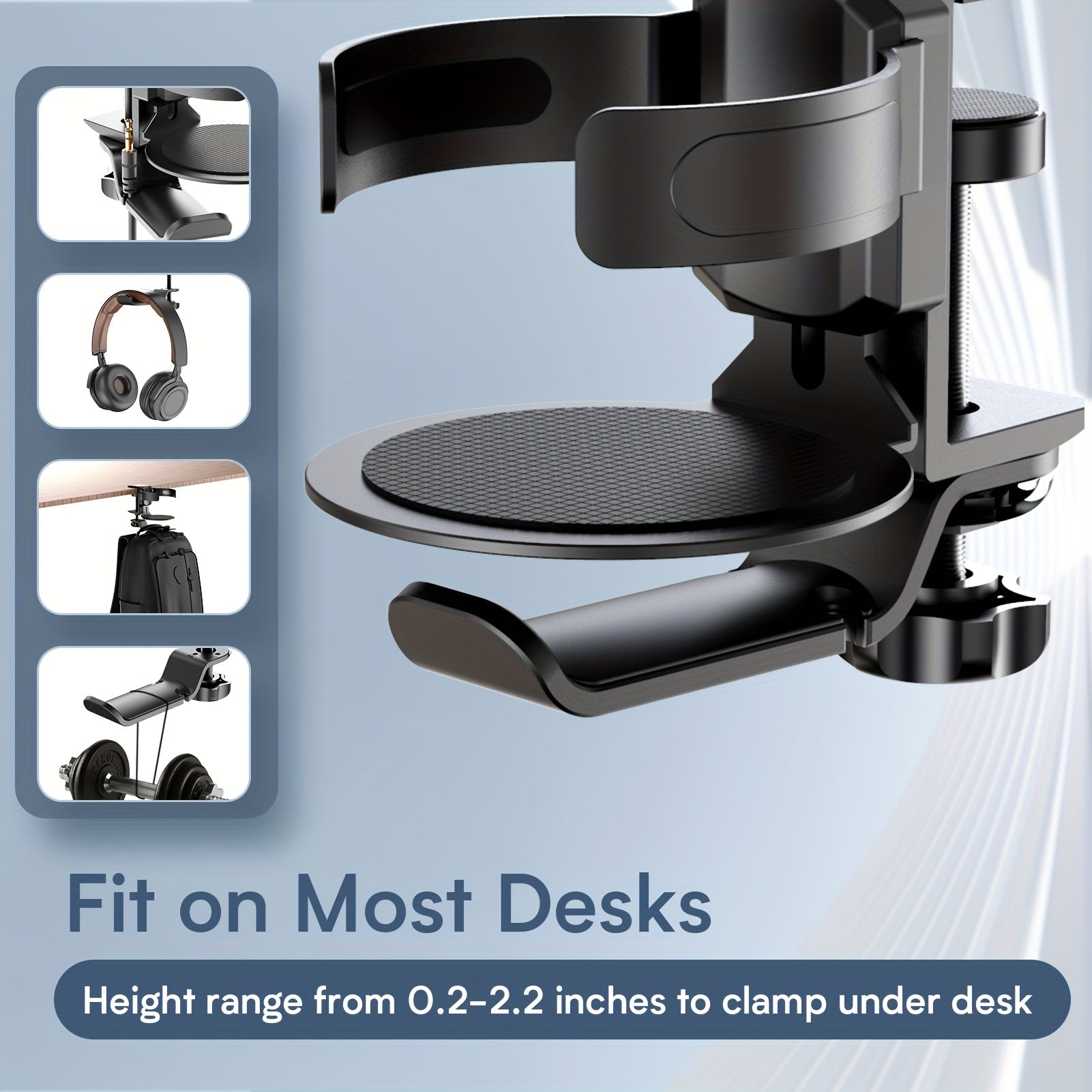 360 Rotation Under Desk Cup & Headphone Holder Telescoping Aluminum Stand Hook