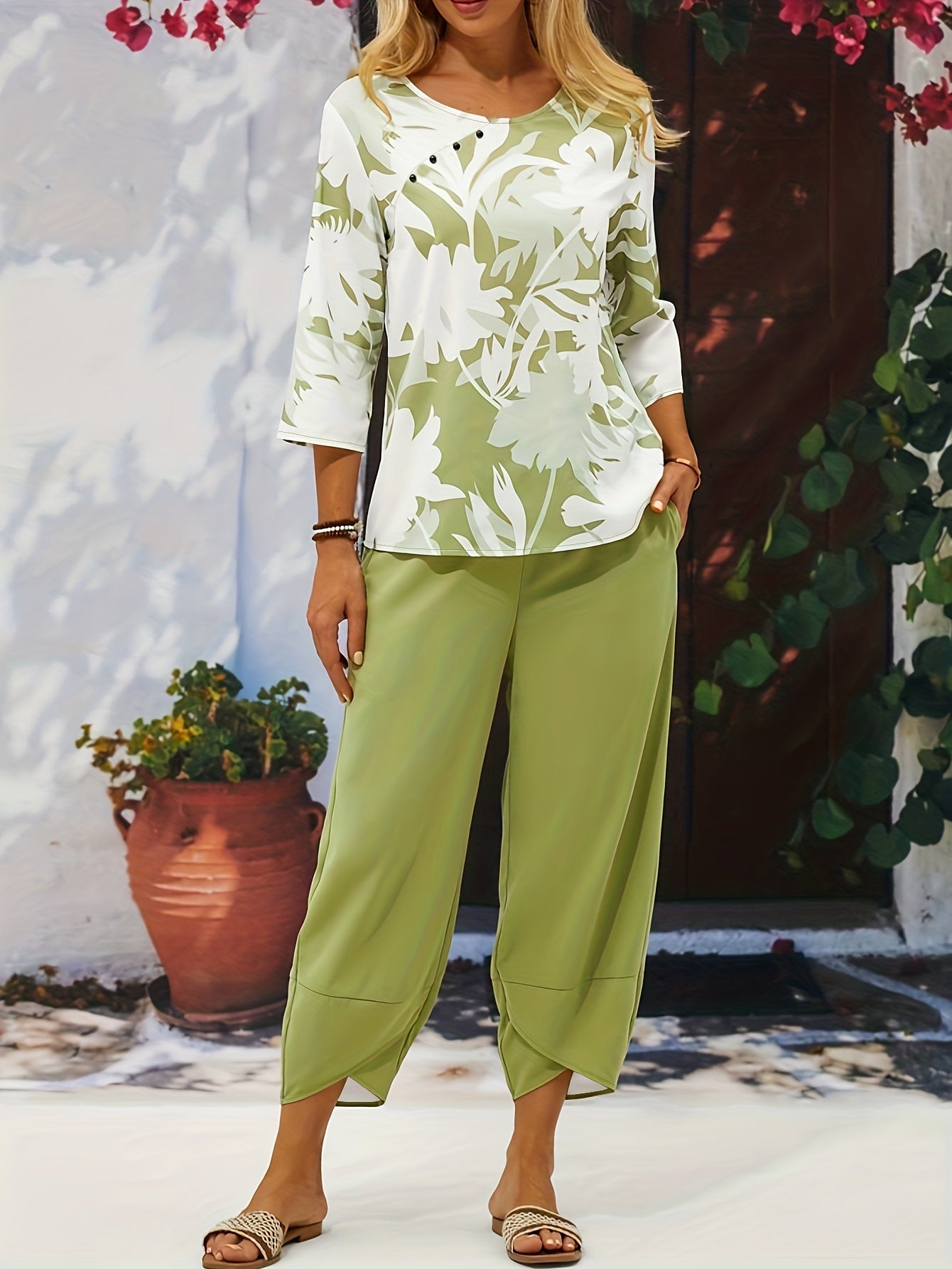 Plant Print 3/4 Sleeve Crew Neck Two Piece Set