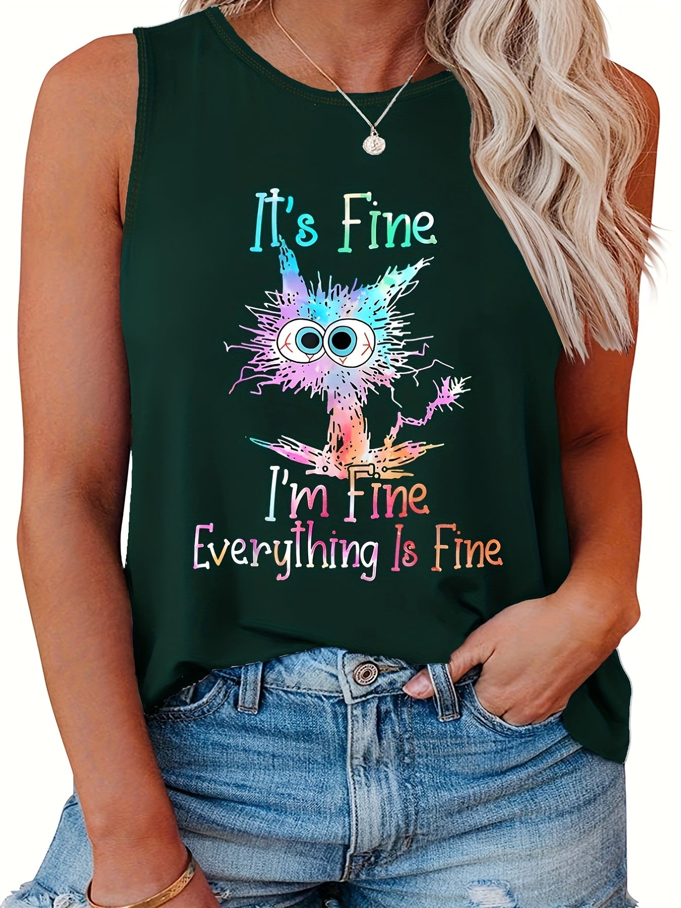  Casual Tank Top Women's Plus Slogan & Graphic Print Round Neck Tank