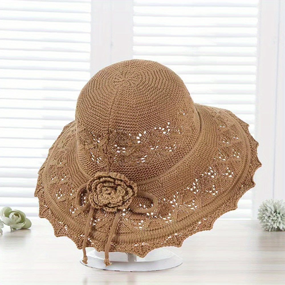 Gray Knitted Flower Sun Hat Hollow Breathable Foldable Bucket Hat UV Protection