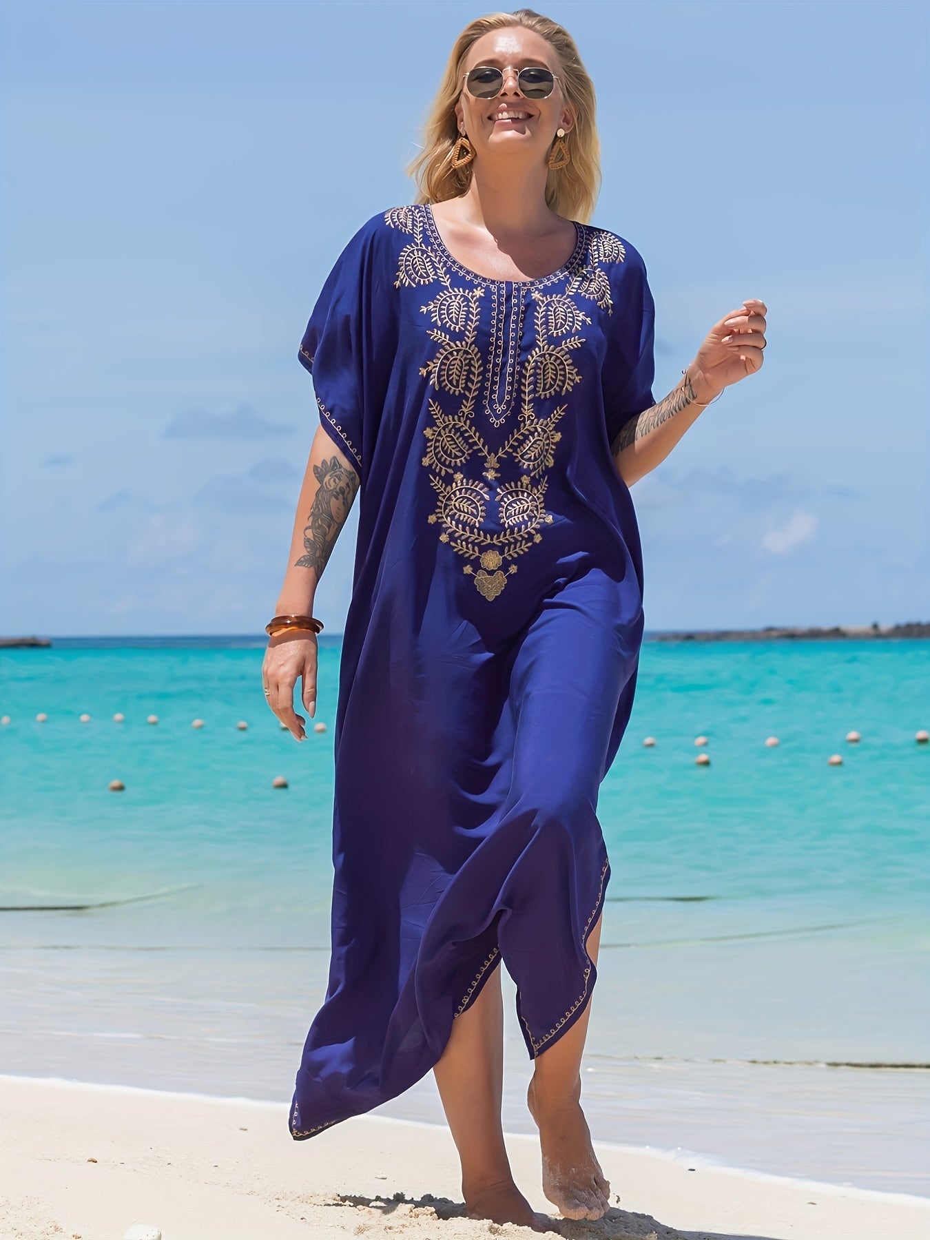 Women's Plus Size Boho Abaya Dress Embroidered V Neck Maxi Caftan Dress