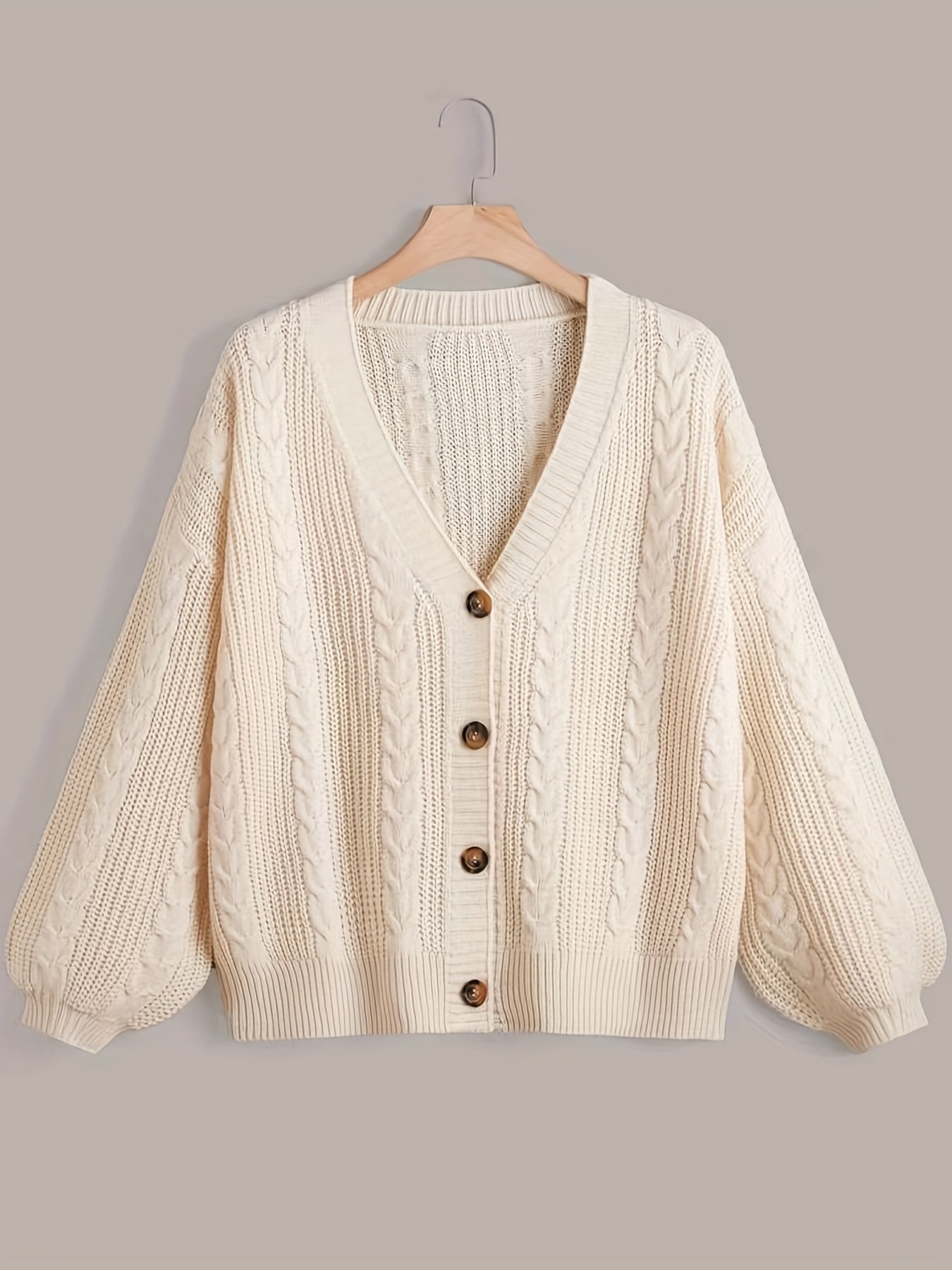  Solid Cable Button Up Lantern Sleeve Cardigan