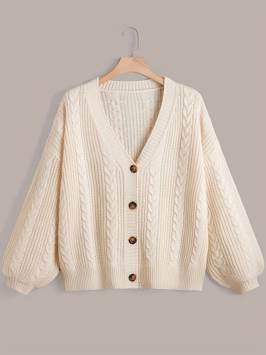  Solid Cable Button Up Lantern Sleeve Cardigan