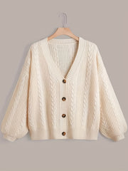  Solid Cable Button Up Lantern Sleeve Cardigan