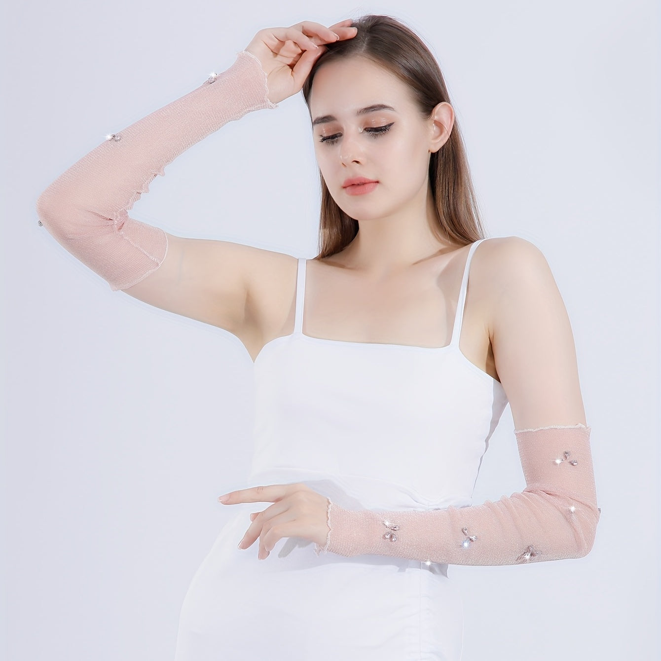 Rhinestone Flower Pink Ruffles Gloves - Sunscreen Sleeves
