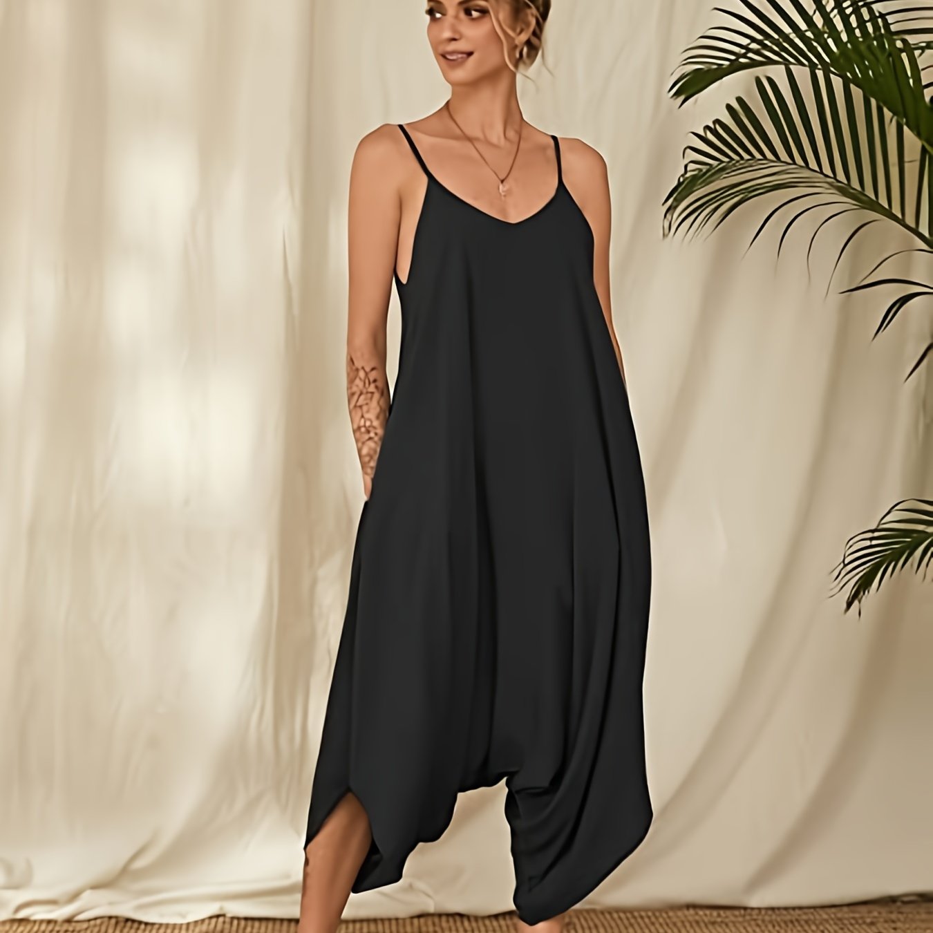 Boho Loose Solid Spaghetti Strap Jumpsuit Casual Sleeveless