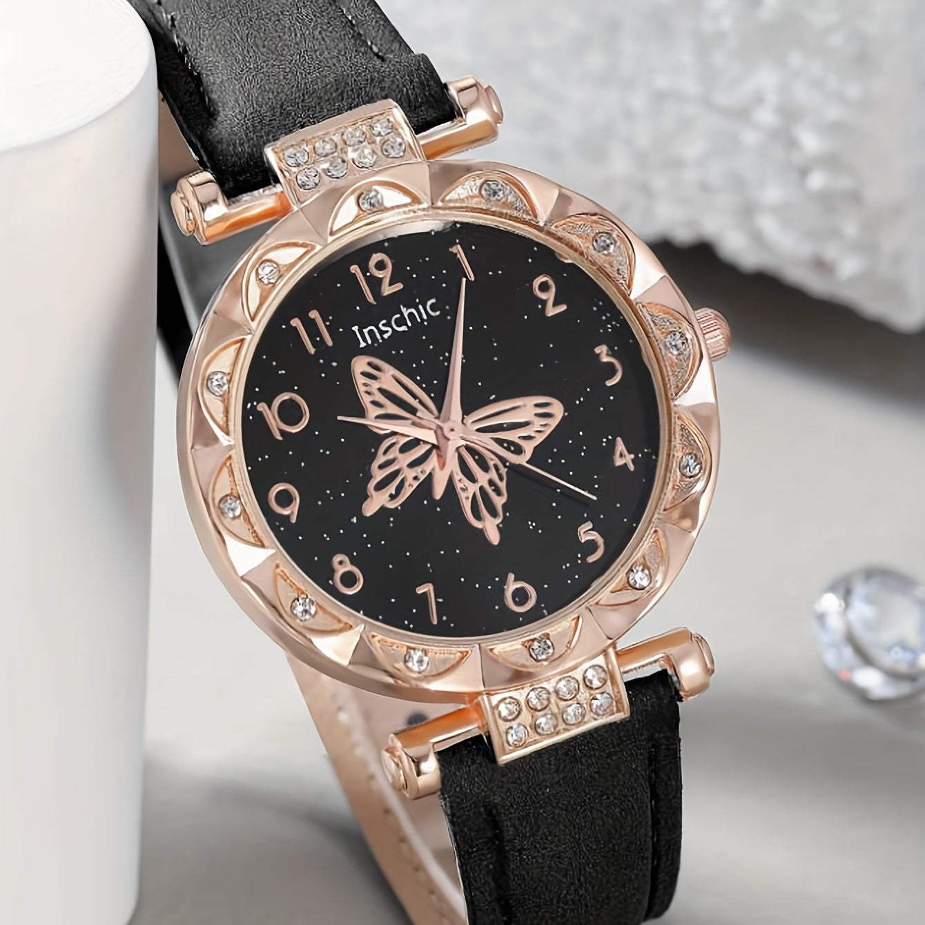Rhinestone Butterfly Watch & Water Drop Jewelry Set