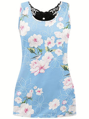 Floral Print Lace Tank Top Crew Neck Summer Sleeveless