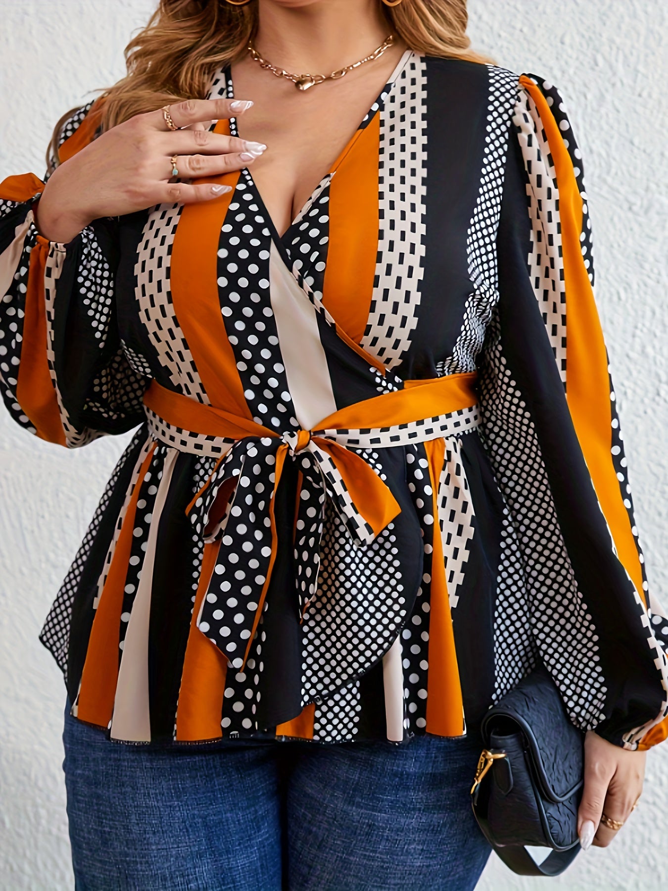  Colorblock Polka Dot Long Sleeve Blouse With Belt