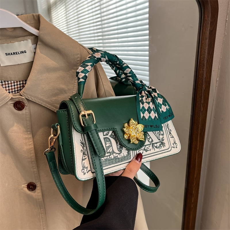 Letter Embroidery Hand Bag Scarf & Metal Decor Flap Crossbody Purse