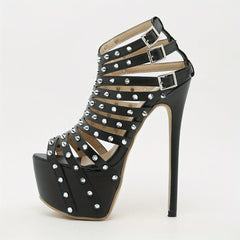 Rivets Stiletto Heels Cutout Buckle Strap Platform Pumps