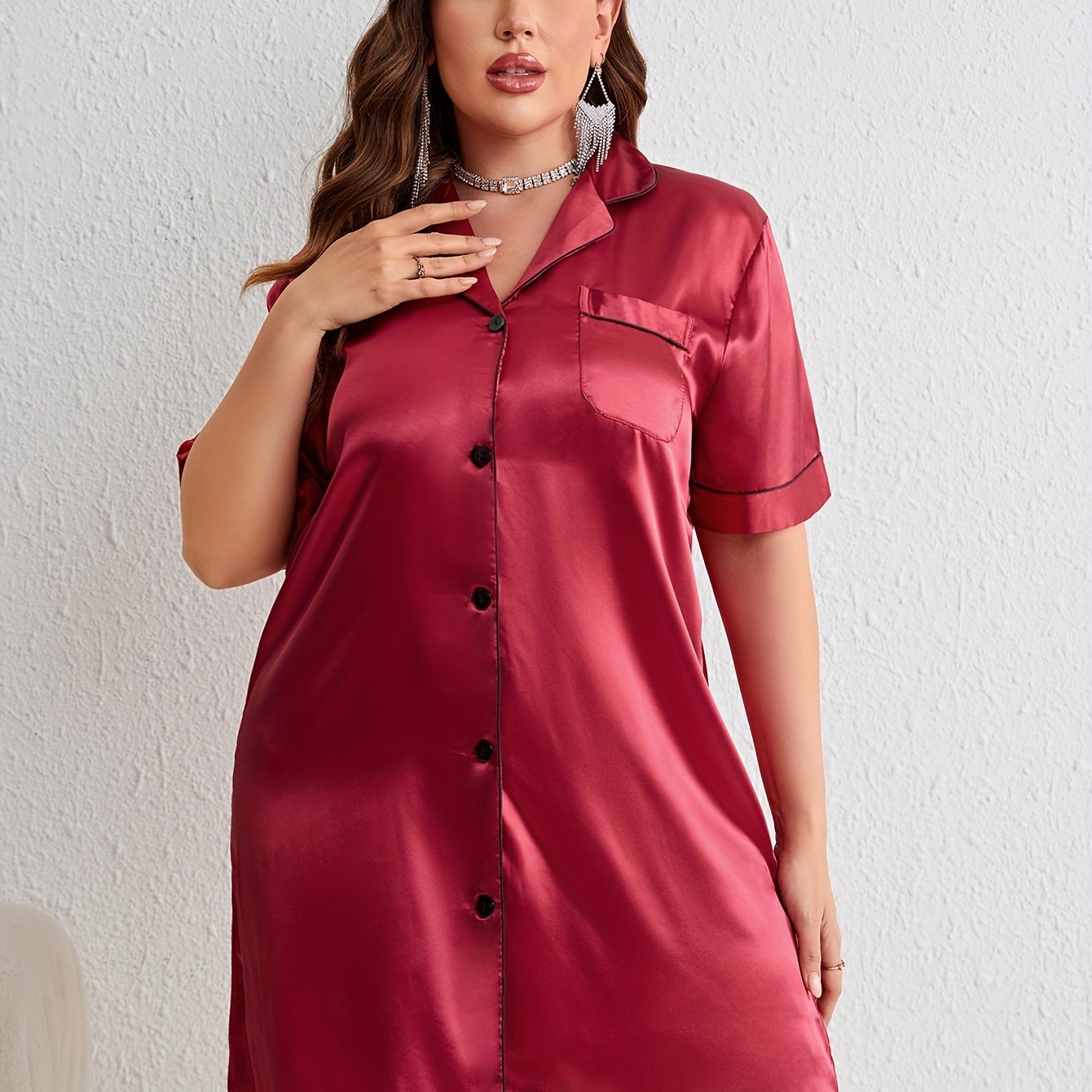  Satin Short Sleeve Nightdress with Collar