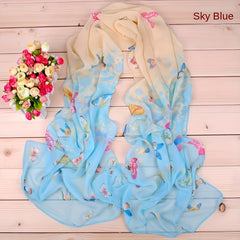 Colorful Butterfly Print Long Chiffon Silk Scarf for Women