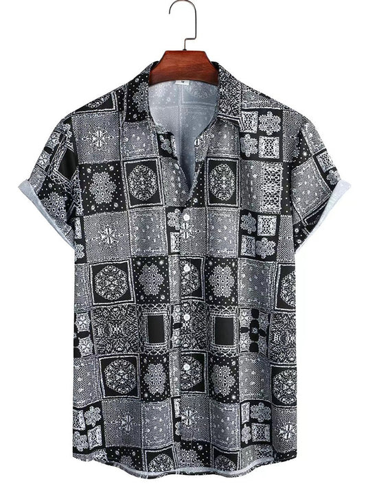 Vintage Geo Print Men Crop Collar Blouse