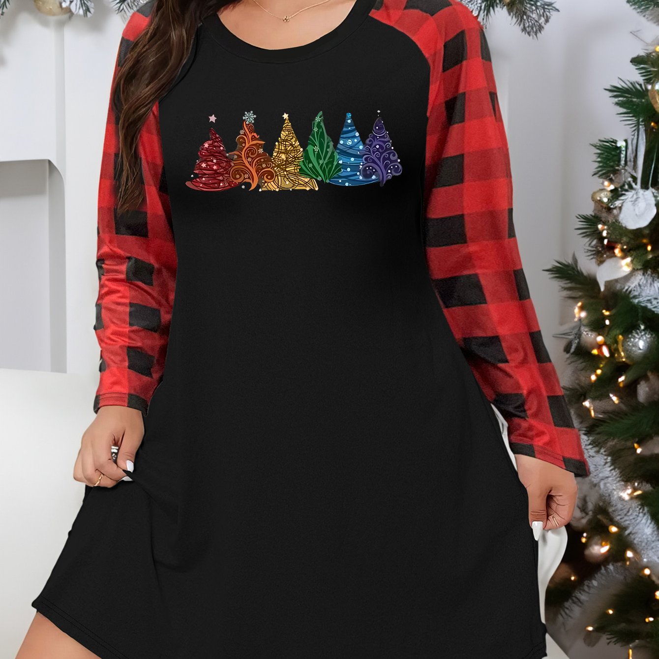  Christmas Tree Print Plaid Nightdress