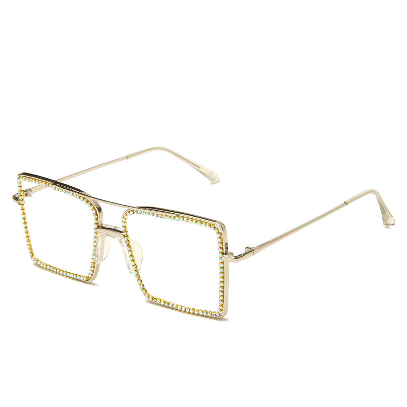 Square Clear Lens Rhinestone Sunglasses Metal Frame Women Eyewear