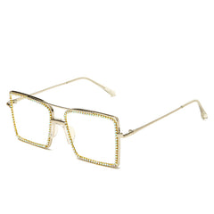 Square Clear Lens Rhinestone Sunglasses Metal Frame Women Eyewear