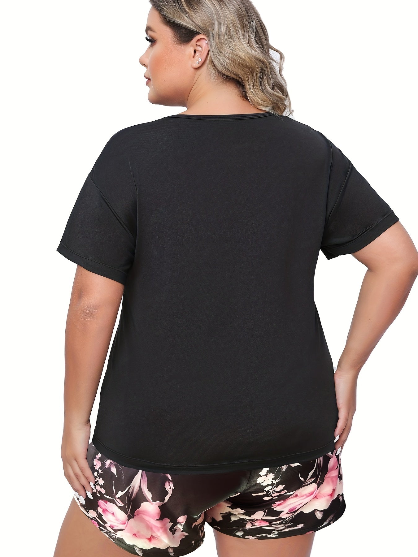  Kiss Print Tee & Satin Floral Shorts Pajama Set