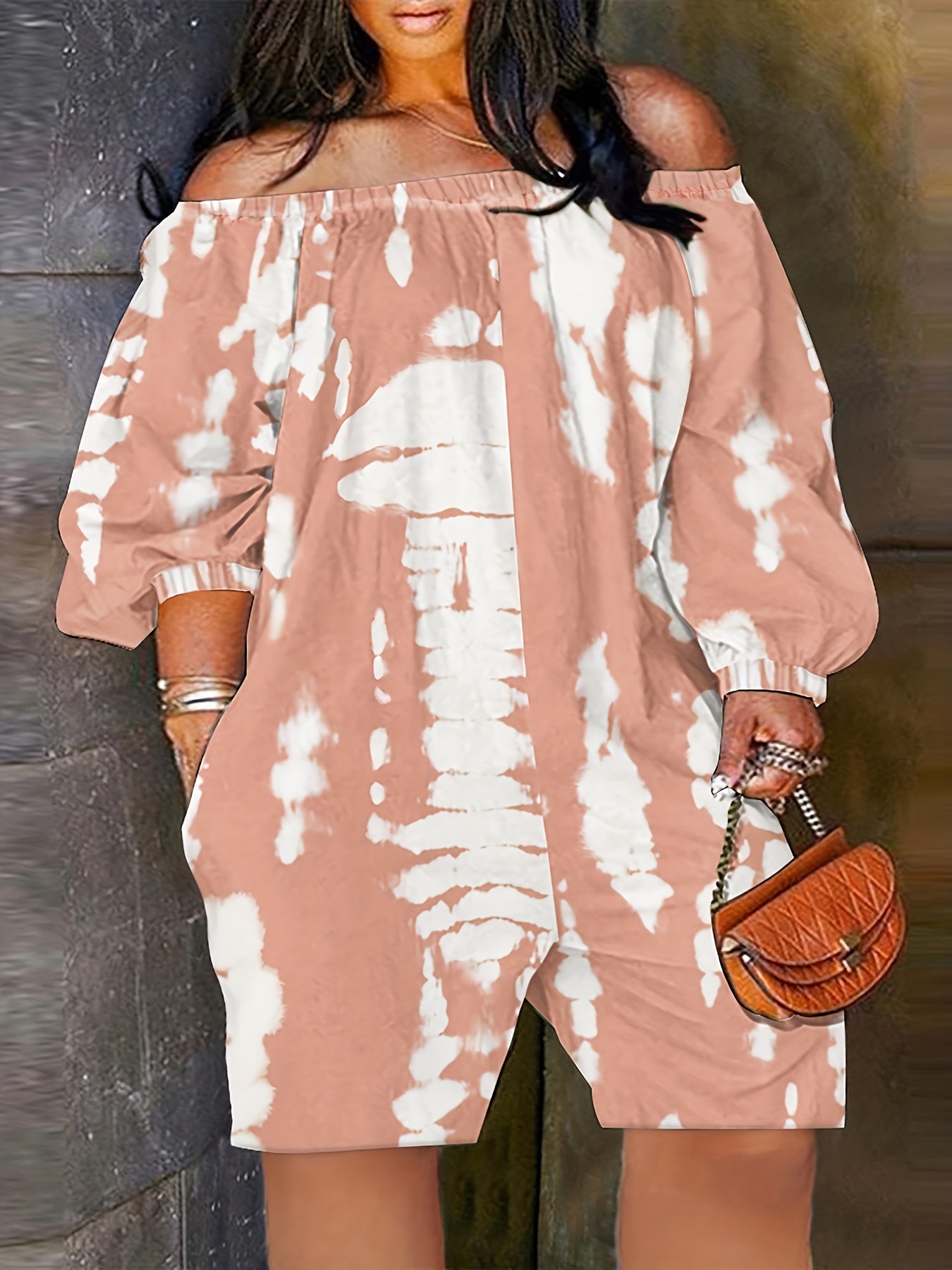 Off Shoulder Tie Dye Sleeve Romper