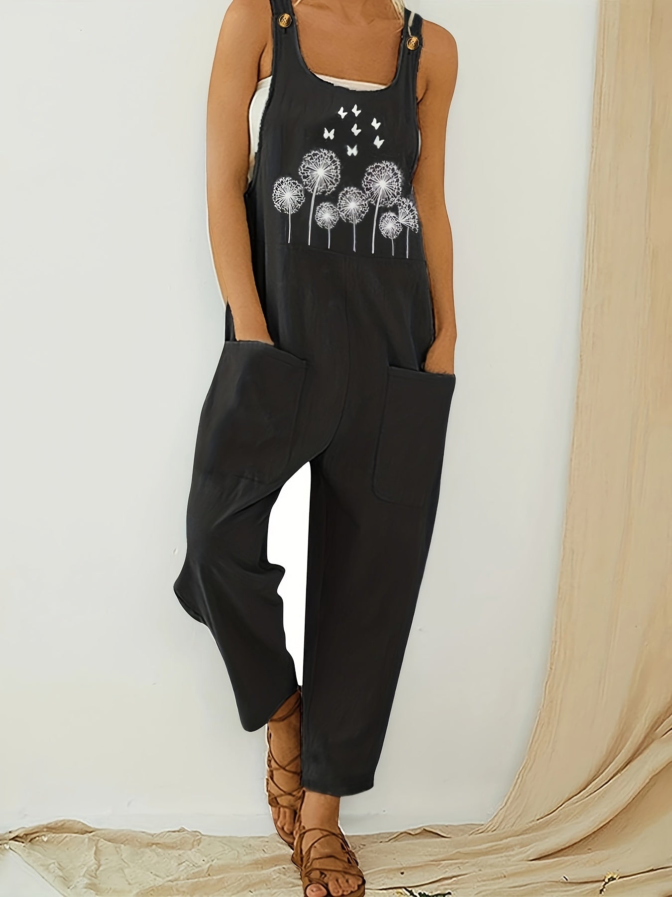 Pocket Solid Tank Jumpsuit Loose Casual Women's Clothing
