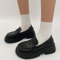 Women's British Style Loafers Slip On Chunky Shoes