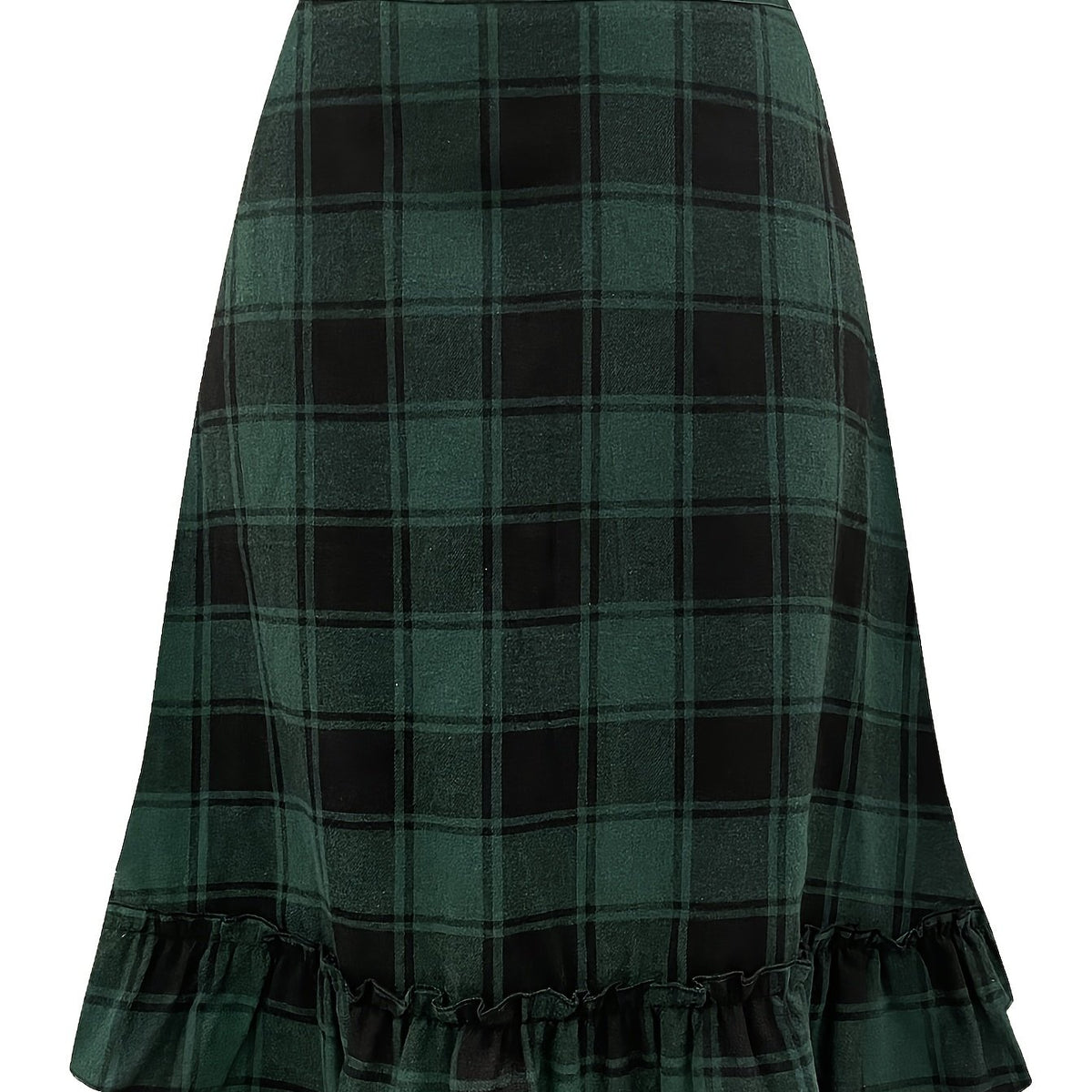  Plaid Print Ruffle Trim A line Maxi Skirt