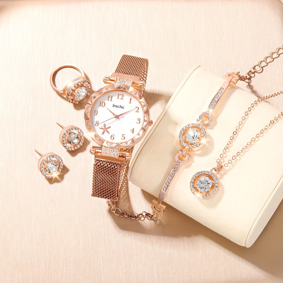 School Student Digital Rhinestone Quartz Wrist Watch & 5pcs Jewelry Set