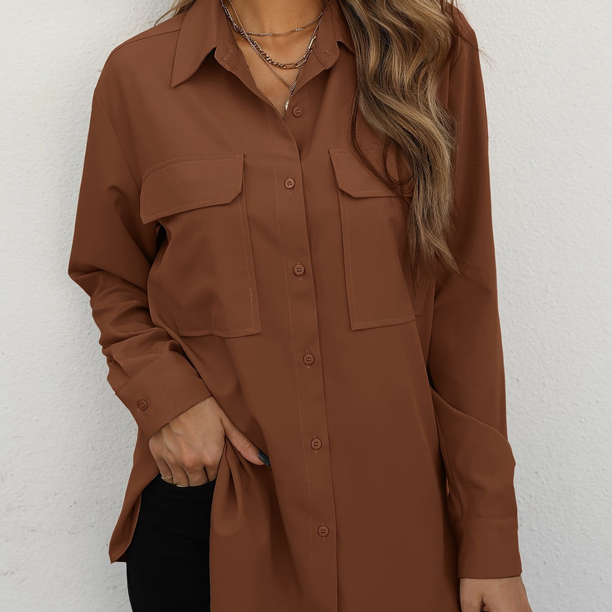  Solid Button Up Long Sleeve Blouse With Pockets