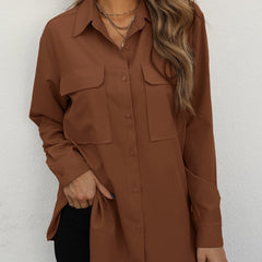  Solid Button Up Long Sleeve Blouse With Pockets