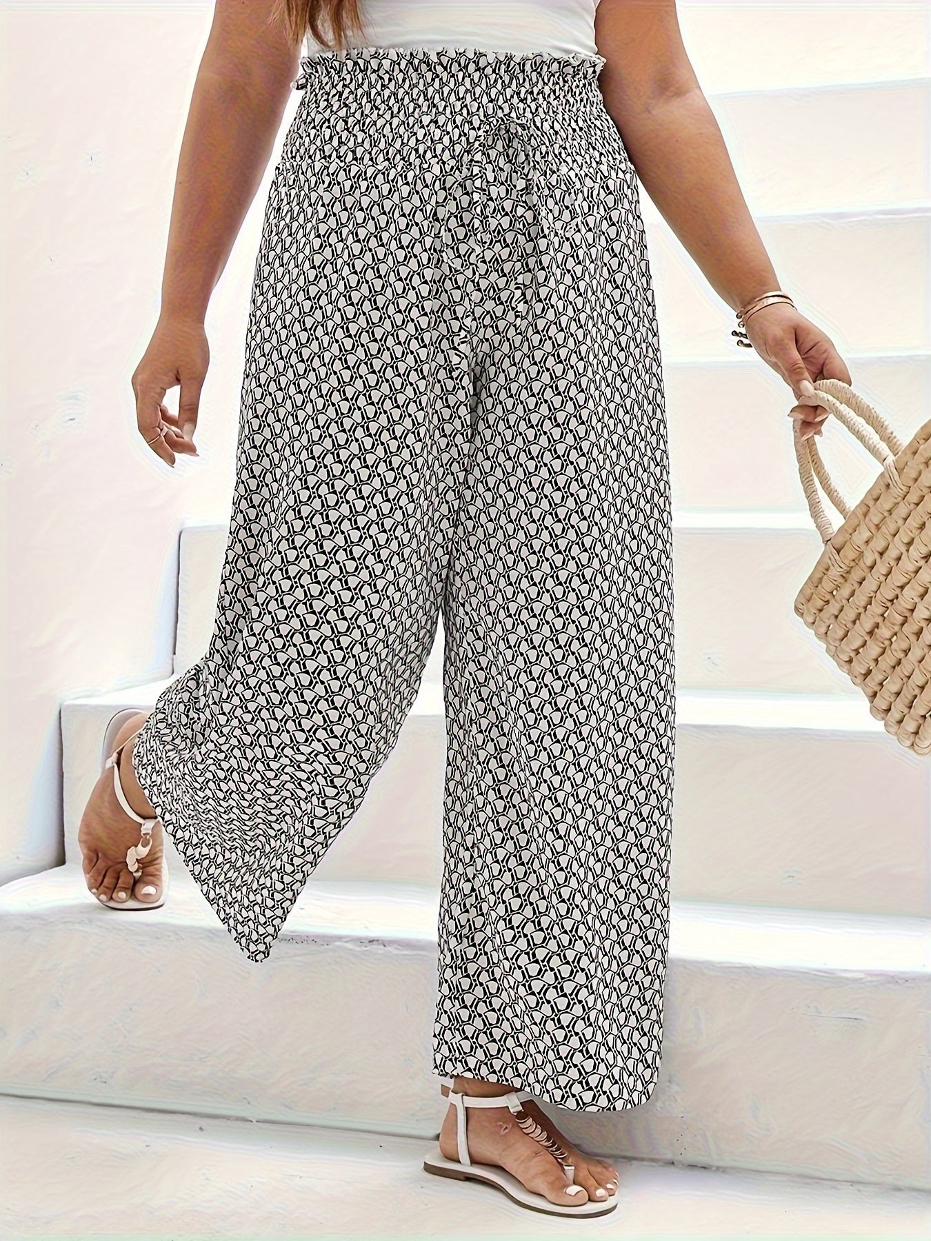  Wide Leg Trousers Allover Print Paperbag Waist