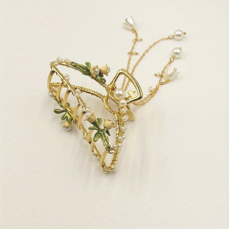 Vintage Lily Orchid Hair Claw Clip Golden Barrette Hair Accessories