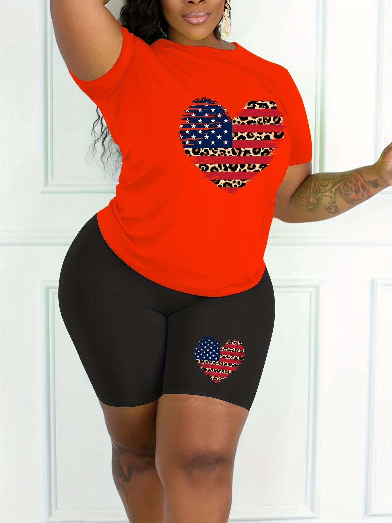  Colorblock Leopard & Heart & Flag Print Top & Shorts Set