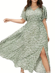  Boho Dress Floral Print Maxi Ruffle Sleeve Split