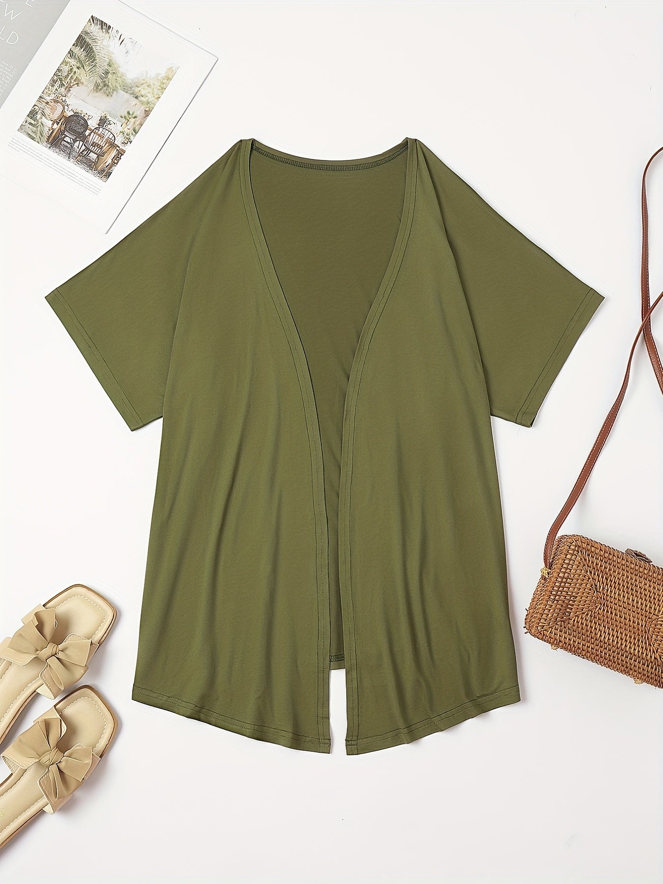  Solid Half Sleeve Open Front Cardigan